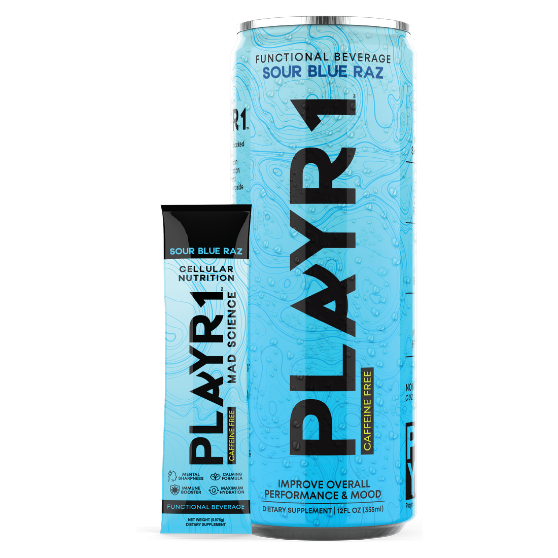 PLAYR1 Sour Blue Raz can and stick pack
